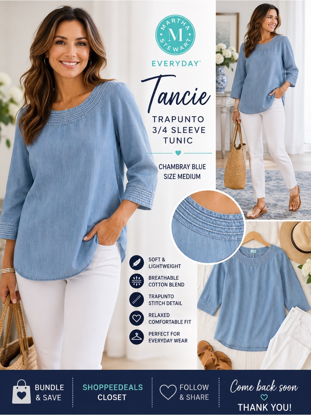 Martha Stewart Everyday Tancie Trapunto 3/4 Sleeve Tunic – Chambray Blue –